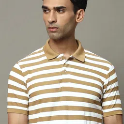 ogen Men Striped Polo Neck Cotton Blend Gold, White T-Shirt image 1