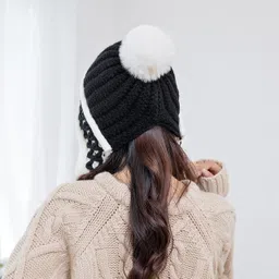winity Cute woolen warm soft fur Inside three pom-pom winter cap for women Woven Beanie image 3
