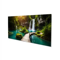 nestroots Canvas Framed Enchanting Waterfall with Scenic Bridge Wall Painting(24X48 Inch) image 3