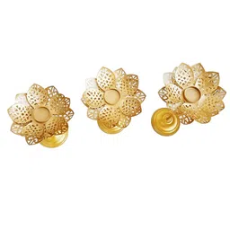 shree krishna handicrafts and gallery Laser Cut Lotus Flower Set Of 3 Gold Iron Tealight Holder Stand image 4