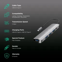 gripp POWERUP Elite Micro 5-in-1 USB 3.0 Type C to USB 3.0 Type A, USB 3.0 Type C USB Hub (High-Speed Pass-Through Charging, Silver) image 2