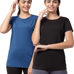udi n adi Pack of 2 Women Solid Round Neck Polyester Blue, Black T-Shirt-picture-29