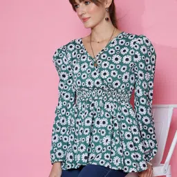 Casual Puff Sleeves Floral Print Women Green Top-image-31