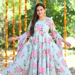 js creative Floral Print Georgette Stitched Anarkali Gown-picture-13