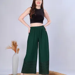 vivika Women Flared Green Viscose Rayon Trousers image 5