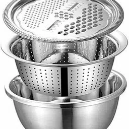 padchaaya Stainless Steel Vegetable Bowl 3 in 1 Bowl us for Cutter ,Vegetable/Fruit Grater Kitchen Mesh Strainers Salad Disposable image 1