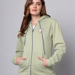 wearspot Women Printed Hooded Neck Green Sweater image 1