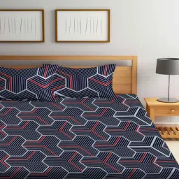 Blue Geometric 300 TC Cotton Blend Double King Sized Bedsheet With 2 Pillow Covers-image-75