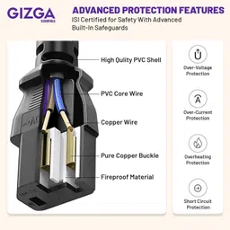 Gizga Essentials Power Cord 1.8 m Universal 3 Pin Power Cord, ISI Certified, Copper Core for PC, TV, Printer image 3