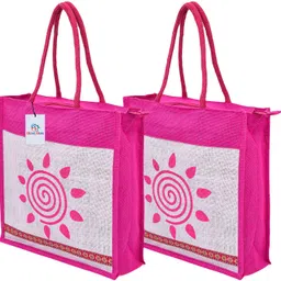 heart home Jute Pink Sunflower Grocery Bag with Handle|Medium|Pack of 2|Cream Pack of 2 Grocery Bags-picture-19