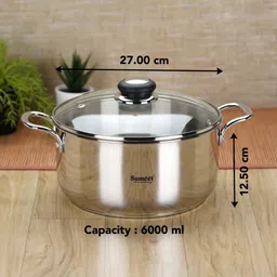 sumeet Stainless Steel Induction Bottom Casserole with Glass Lid 6 LTR, 27cm Cook and Serve Casserole image 3