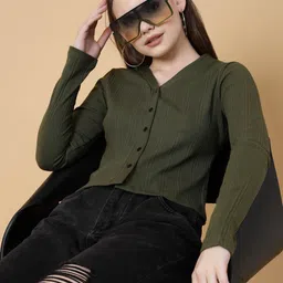 rigo Casual Regular Sleeves Self Design Women Green Top image 1