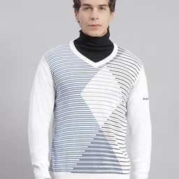 Men Woven V Neck White Sweater-image-52