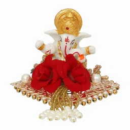 Red Metal Lord Ganesha Idol on Decorative Handcrafted Plate by eCraftIndia image 2