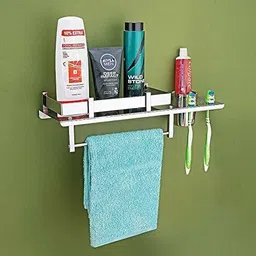 antik Stainless Steel 3 in 1 Multipurpose Bathroom Shelf/Rack/Towel Hanger/Tumbler Holder/Bathroom Accessories (15 x 6 Inches) - Pack of 1 Steel Wall Shelf image 5