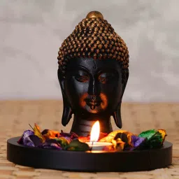 ecraftindia Golden And Black Polyresin Buddha Head With Wooden Base image 1