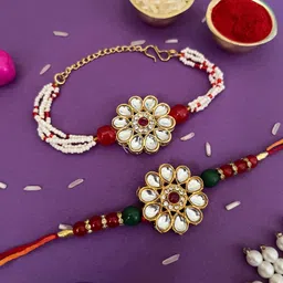 niozaki Bhaiya Bhabhi BRAS-GOL-WG Kundan, Gold Finish, Pearl, Mauli Thread Rakhi, Bracelet, Chawal Roli PackSet-picture-20