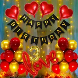 kr 3RD HAPPY BIRTHDAY DECORATION WITH RED GOLD BALLOON NET LIGHT LOVE HEART ARCH-picture-21