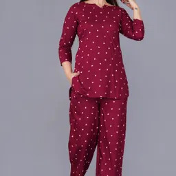 pradhruhe Women Top & Pyjama Set Maroon Printed-picture-15