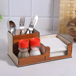 geniyo Cutlery Kitchen Rack | Spoon, Fork, Knife And Paper Napkin Organizer Stand For Cafe Dining Table Wood image 1