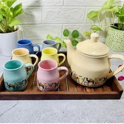 laxmi creation Pack of 7 Ceramic Camel multicolour Design Tea Cup Set With Kettle image 3