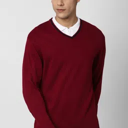 peter england Men Solid, Self Design Crew Neck Maroon Sweater-picture-20