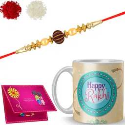 Designer Shree-Dora8-46 Gold Finish Rakhi, Chawal Roli Pack, Greeting Card, Mug Set-image-2
