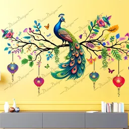 divinedesigns 53 cm Peacock Butterflies Birds on Branches Self Adhesive Sticker-picture-35