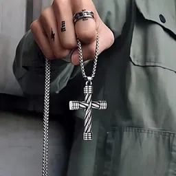 agarwalproduct Men's Stainless Steel Rope-Pattern Cross Pendant Necklace Brass Pendant image 1