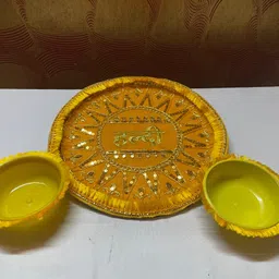 lakhdatar Traditional Yellow Haldi Ceremony Decorative Thali with Double Bowls Steel, Plastic Decorative Platter image 5