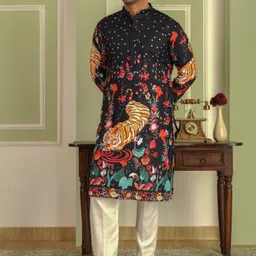 lemonx Men Floral Print Cotton Rayon Straight Kurta image 3