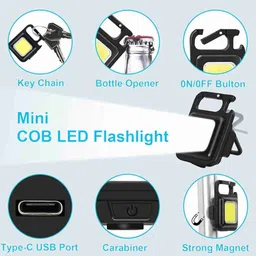 rozti LED COB Mini Flashlights Bright USB Rechargeable light with keychain Torch 5 hrs Lantern Emergency Light image 3