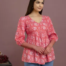 maheshvi Casual Balloon Sleeve Floral Print Women Pink Top image 5
