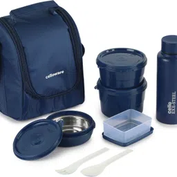 cello MF All in One Set with Fabric Bag | Microwave Safe |Easy to Carry| 1 Bottle with 4 Containers Lunch Box-picture-10