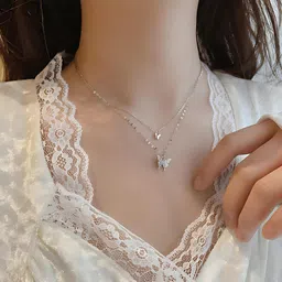caria jewellery collection Necklaces Pendant Silver Color Shiny Butterfly Necklace Double Layer Pendant Silver Crystal Alloy Pendant image 4