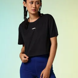 hrx by hrithik roshan Women Printed Round Neck Polyester Black T-Shirt image 1