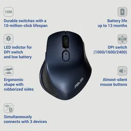 ASUS MW203 / Multi-Device (3 Device), Ergonomic, Silent Clicks, Adj. Upto 2400 dpi Wireless Optical Mousewith Bluetooth image 2
