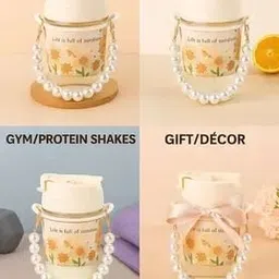 mahirainteriar Life is Full of Sunshine Glass Bottle with Straw, Pearl Handle & Cute Gift Set Glass Coffee Mug image 2