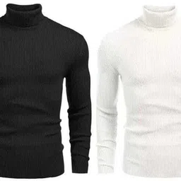 woolcraft Men Solid Turtle Neck Black, White Sweater-picture-41