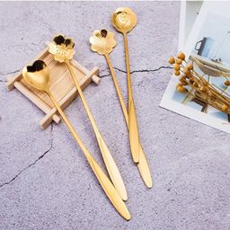homecloud Gold Leaf Coffee Spoon/Ice-Cream Tea Stirring Spoons/Dessert Espresso Spoons Stainless Steel Cream Spoon, Dessert Spoon, Ice Tea Spoon, Tea Spoon, Sugar Spoon Set-picture-3