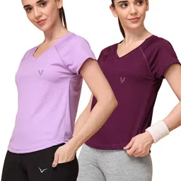 Pack of 2 Women Sporty V Neck Polyester Maroon, Purple T-Shirt-image-18