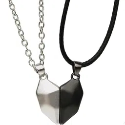 vs unique collections Broken Heart Magnetic Love Couple Locket Pendant With Clavicle Rope And Chain Silver Stainless Steel Pendant image 4