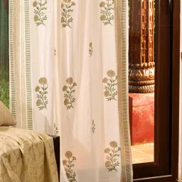 peepul tree Jaipuri Hand Block Printed Pure Cotton Taupe & Olive Green 1Pc(7ft) Door Semi Sheer Curtains-picture-15