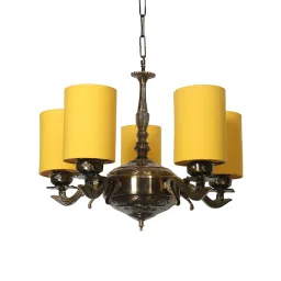 new era Devansh 05 Lights Yellow Round cotton shade with Antique Golden Chandelier image 4