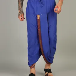 Sawariya handloom Mens Blue Colour Panjakejam Readymade Golden Zari Border Dhoti Free size Silk Striped, Solid Men Dhoti-picture-31