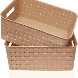 richcraft Plastic Plastic Storage Basket Set of 2 - Light Brown Multipurpose Home Organizer Storage Basket-picture-23