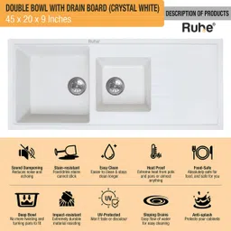 ruhe 12mm Thick Quartz Double Bowl with Drainboard Kitchen Sink (45 x 20 x 9 Inches) Natural Crystal White Granite Stone Matt Finish Double Bowl with Drainboard Sink Vessel Sink image 2