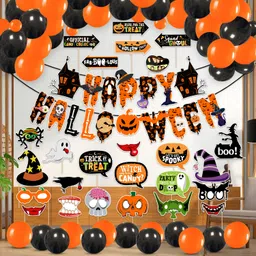Black, Orange Halloween Party Decoration Items-Banner, PhotoBooth & Balloons (Pack Of 51)-image-6