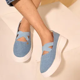 fausto Elastic Closure Cross Strap Denim Slip On Height Enhancer Shoes Bellies For Women image 3