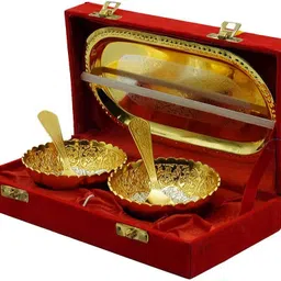 puja n pujari Iron Serving Bowl Gold Plated Serving Bowls Tray and Spoon Set for Dry Fruits and Sweets Disposable-picture-15
